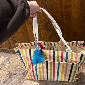 Striped Canvas Tote Bag with Tassel